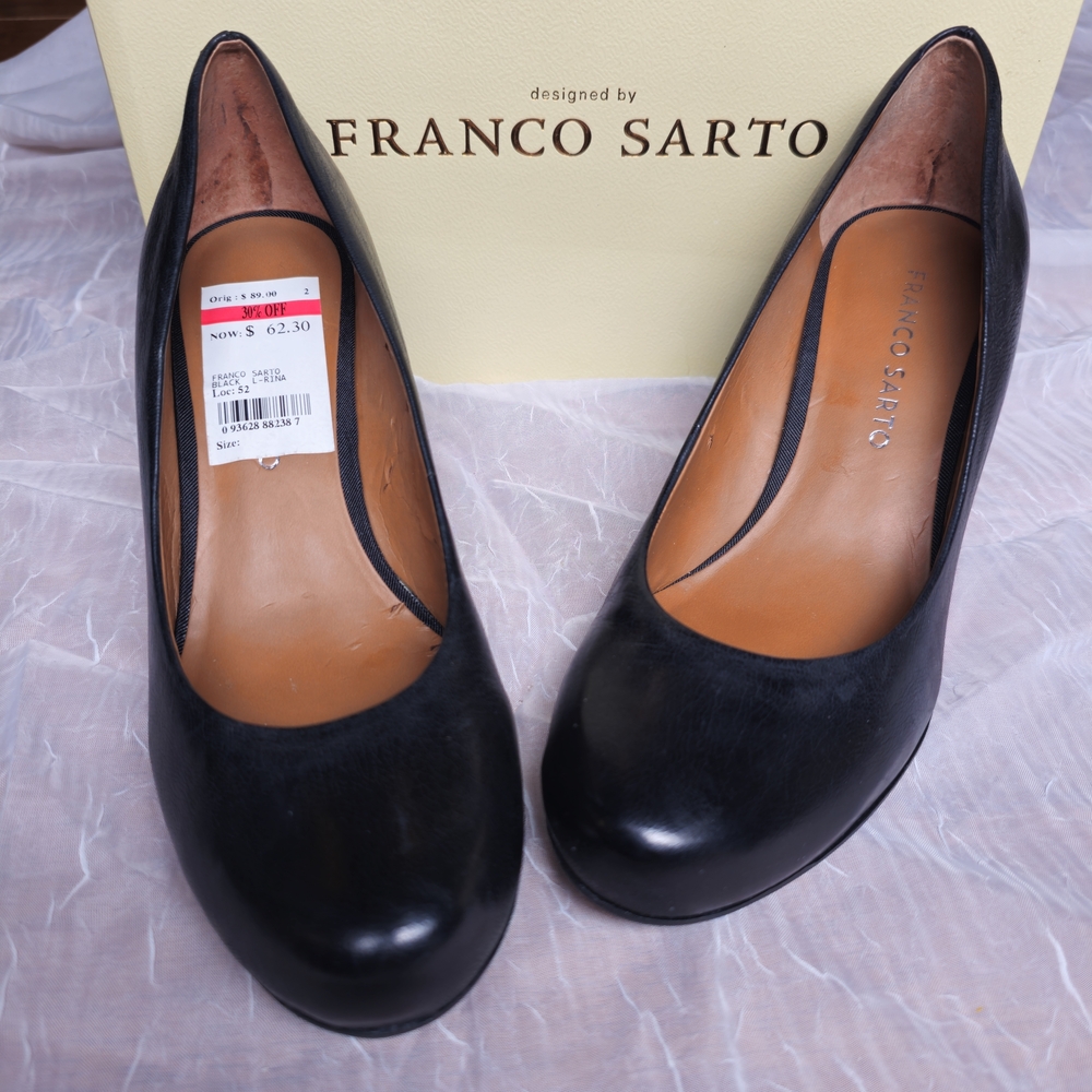 Franco Sarto Black Leather Round Toe Wedge Heels